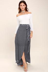 Lulus Lighthearted Navy Blue Print Wrap Maxi Skirt