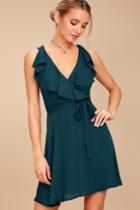 Lulus | Eve Of Enchantment Teal Blue Wrap Dress | Size Large | 100% Polyester