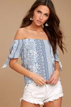 Lulus | Hacienda White Print Off-the-shoulder Top | Size Large | Blue | 100% Rayon