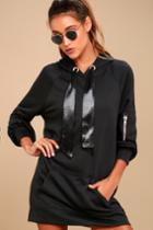 Lulus | Larkin Black Satin Hoodie Dress | Size Large | 100% Polyester