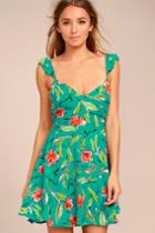 Lulus | Guaranteed Glee Green Floral Print Backless Skater Dress | Size Large | 100% Polyester