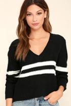 Lulus Pep Rally Black And White Striped Cropped Sweater