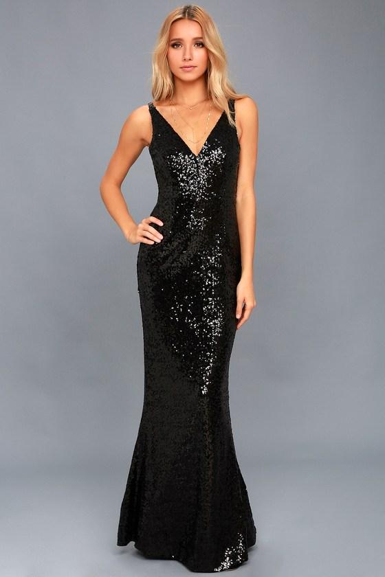 Lulus | Here To Wow Black Sequin Maxi Dress | Size Large | 100% Polyester