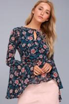 Lulus | Odine Navy Blue Floral Print Long Sleeve Top | Size Large | 100% Polyester