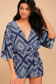 Lulus Celestial Body Blue And White Print Romper