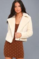 Lulus | Cozy Business Cream Faux Fur Moto Jacket | Size Large | White | 100% Polyester