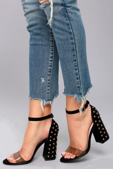 Machi | Zaya Black And Clear Studded Ankle Strap Heels | Size 10 | Vegan Friendly | Lulus