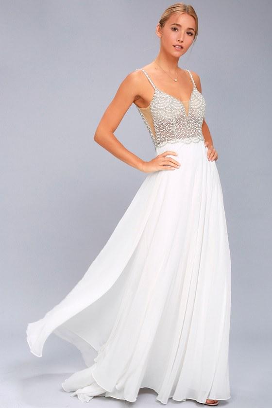 Lulus | True Love White Beaded Rhinestone Maxi Dress | Size 6 | 100% Polyester