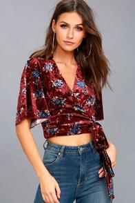 Moon River Berry Pickin' Burgundy Floral Print Velvet Wrap Top