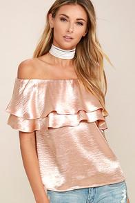 Lulus Time To Shimmer Blush Pink Satin Off-the-shoulder Top