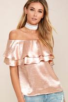Lulus Time To Shimmer Blush Pink Satin Off-the-shoulder Top
