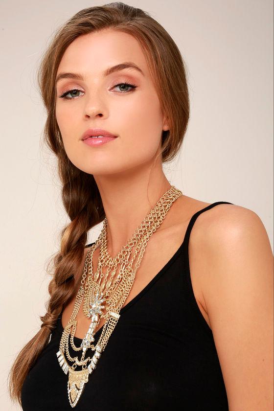 Lulus | All Fleur You Gold Rhinestone Layered Statement Necklace