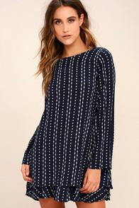 Ppla Odessa Navy Blue Print Long Sleeve Swing Dress