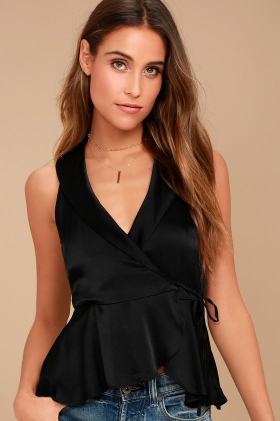 Free People | Suit Up Black Satin Wrap Tank Top | Size 2 | 100% Rayon | Lulus