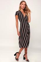 Sit Next To Me Black Striped Short Sleeve Midi Wrap Dress | Lulus
