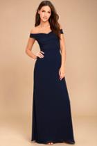 Lulus | Dress To Impress Navy Blue Lace Off-the-shoulder Maxi Dress | Size Large | 100% Polyester