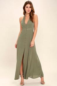 Re:named Lingering Thoughts Olive Green Halter Maxi Dress