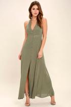 Re:named Lingering Thoughts Olive Green Halter Maxi Dress