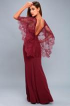 Lulus | Amelie Burgundy Lace Maxi Dress | Size Medium | Red | 100% Polyester