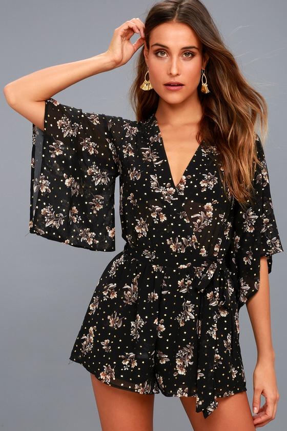 Lulus | Midnight Voyage Black Print Romper | Size Large | 100% Polyester
