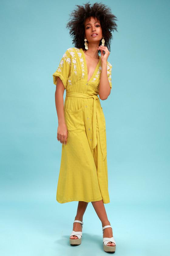 Free People Love To Love You Mustard Yellow Embroidered Button-up Midi Dress | Lulus