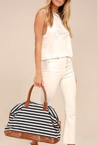 Lulus Jet Setter Cream And Navy Blue Striped Weekender Bag
