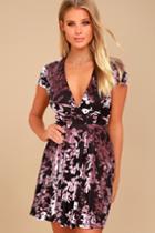 Lulus | Emiree Plum Purple And Mauve Velvet Floral Print Skater Dress | Size Medium | 100% Polyester