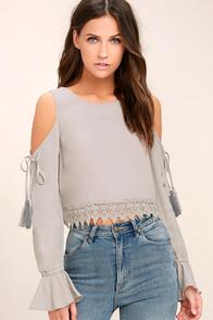 Lulus Trip To The Vineyard Light Grey Long Sleeve Lace Crop Top
