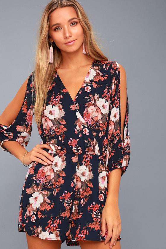 Luck And Love Navy Blue Floral Print Long Sleeve Romper | Lulus