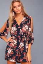 Luck And Love Navy Blue Floral Print Long Sleeve Romper | Lulus