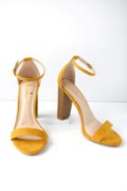 Taylor Mustard Yellow Suede Stacked Ankle Strap Heels | Lulus