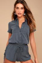 Lulus | Weekend Wanderer Denim Blue Romper | Size Large