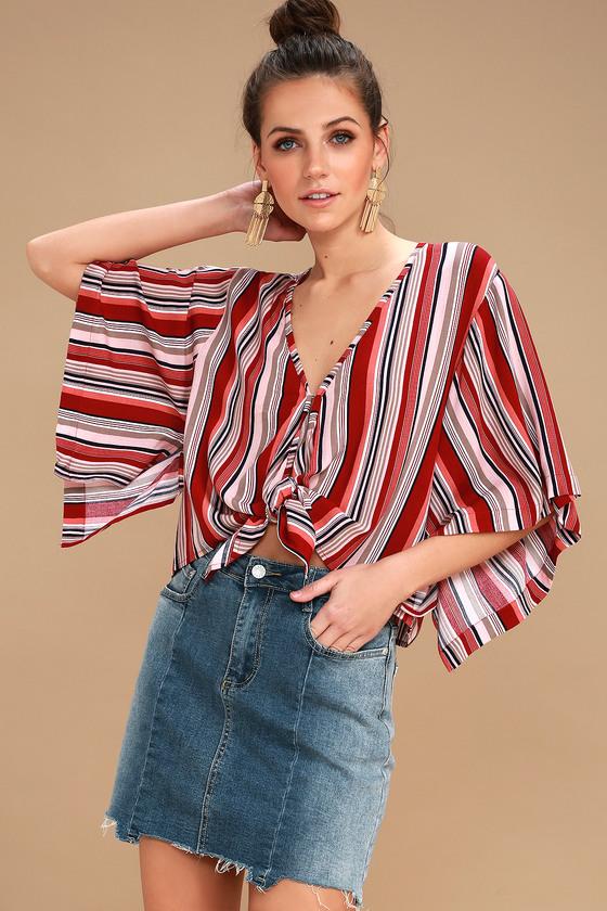 Lush Atlanta Rust Red Striped Tie-front Crop Top | Lulus