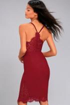 Lulus | Only Want You Burgundy Lace Bodycon Midi Dress | Size Large | Red | 100% Polyester