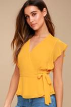 Fit For Flaire Mustard Yellow Ruffle Wrap Top | Lulus
