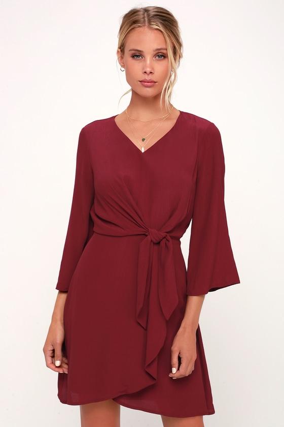 Claremont Burgundy Tie-front Three-quarter Sleeve Dress | Lulus