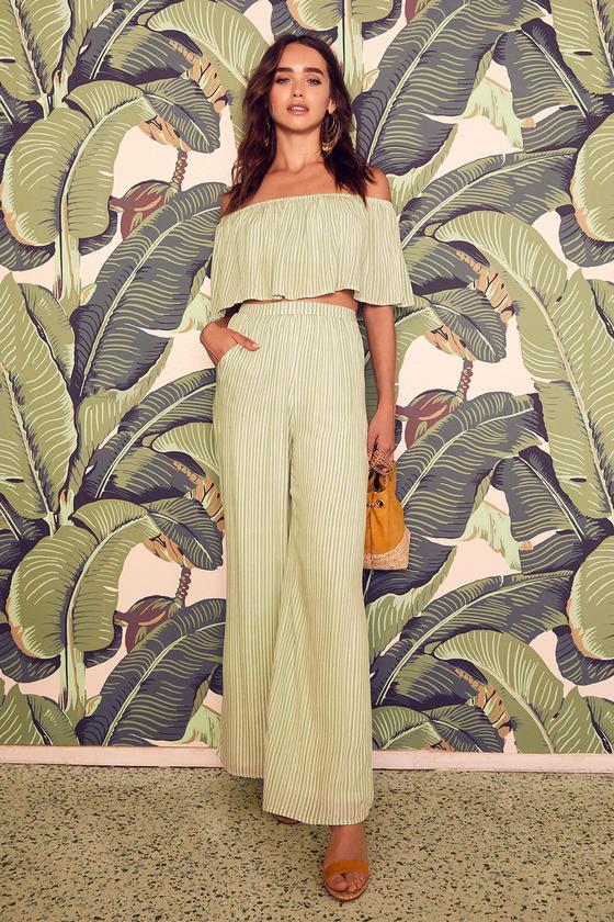 Birch Sage Green Striped Off-the-shoulder Two-piece Jumpsuit | Lulus