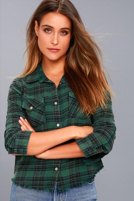 Lulus | In A Haze Green Plaid Flannel Button-up Top | Size X-small | 100% Cotton