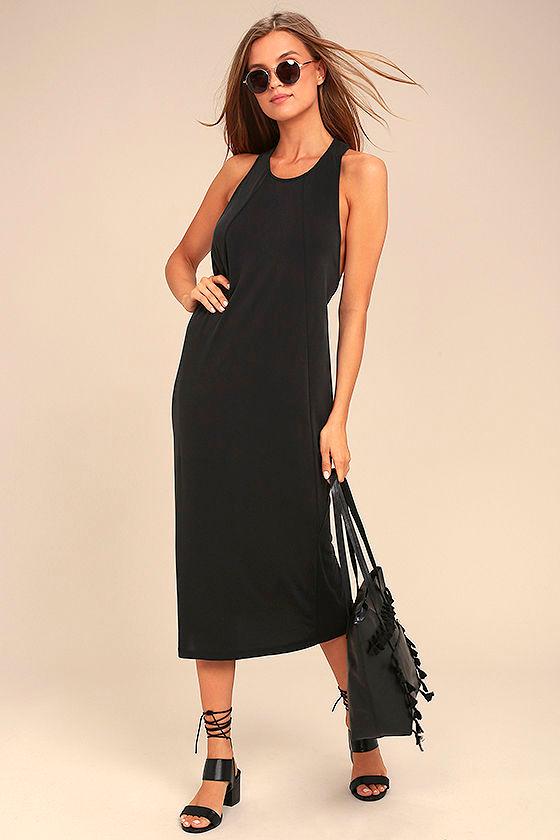 Lulus | On The Veranda Washed Black Midi Dress | Size Large