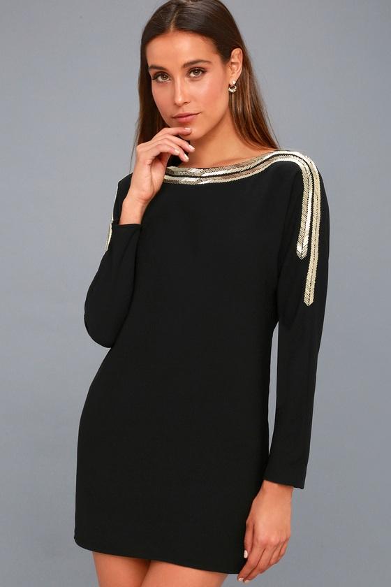 Ali & Jay The Set Up Black Beaded Long Sleeve Shift Dress | Lulus