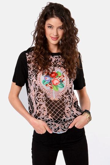 String You Along Black Print Top