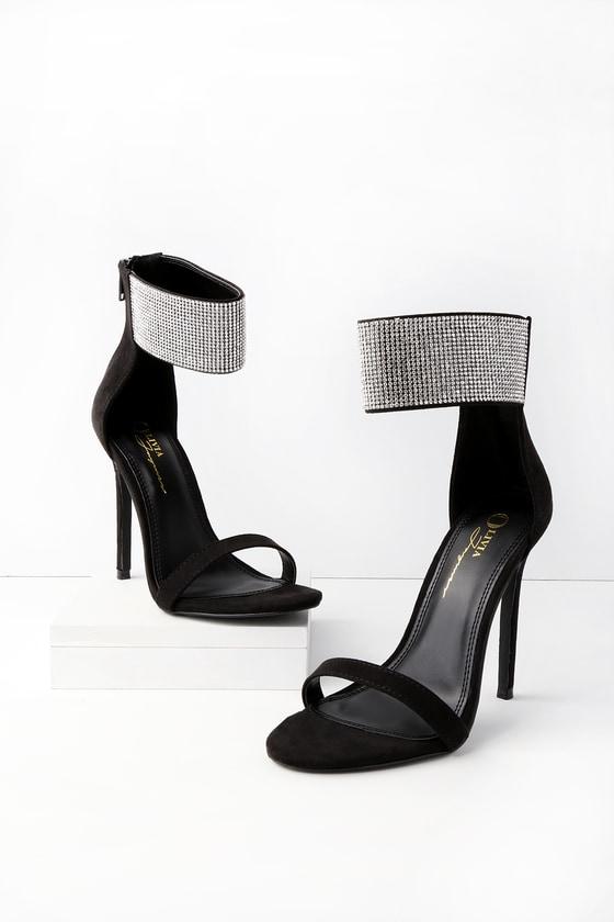 Olivia Jaymes Zeke Black Suede Rhinestone Ankle Strap Heels | Lulus