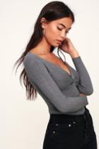 Reseda Grey Knotted Ribbed Long Sleeve Sweater Top | Lulus