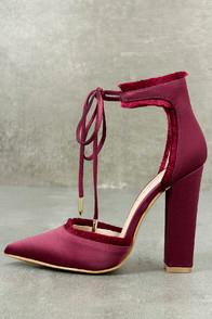 Shoe Republic La Amalia Wine Satin Lace-up Heels
