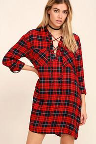 Lulus Wait For It Red Plaid Lace-up Shirt Dress