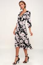 Thistle Prove My Love Black Floral Print Ruffled Wrap Midi Dress | Lulus