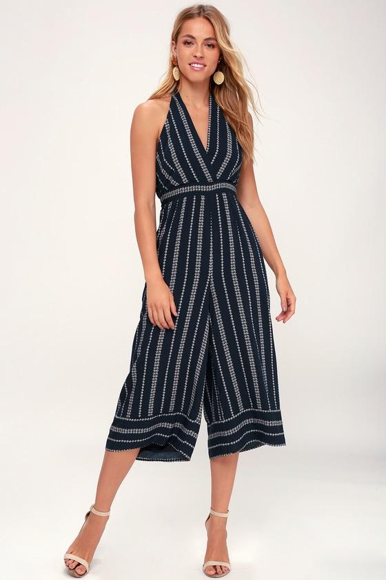 Breeze The Day Navy Blue Print Halter Jumpsuit | Lulus