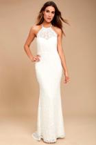 Lulus | Evening Moon White Lace Maxi Dress | Size Large | 100% Polyester