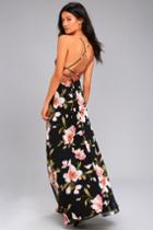 Lulus | Adventure Seeker Black Floral Print Maxi Dress | Size Large | 100% Polyester