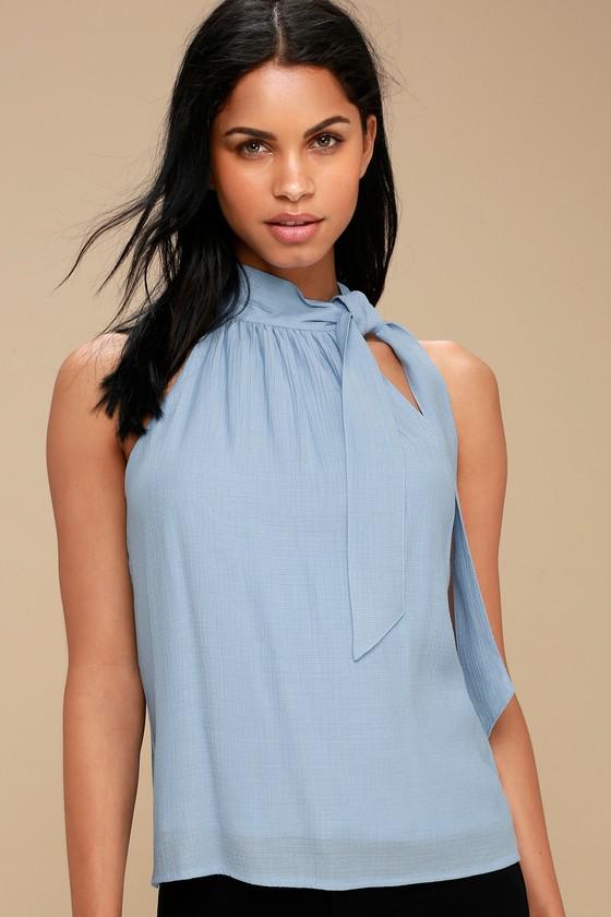 Cath Light Blue Sleeveless Tie-neck Top | Lulus